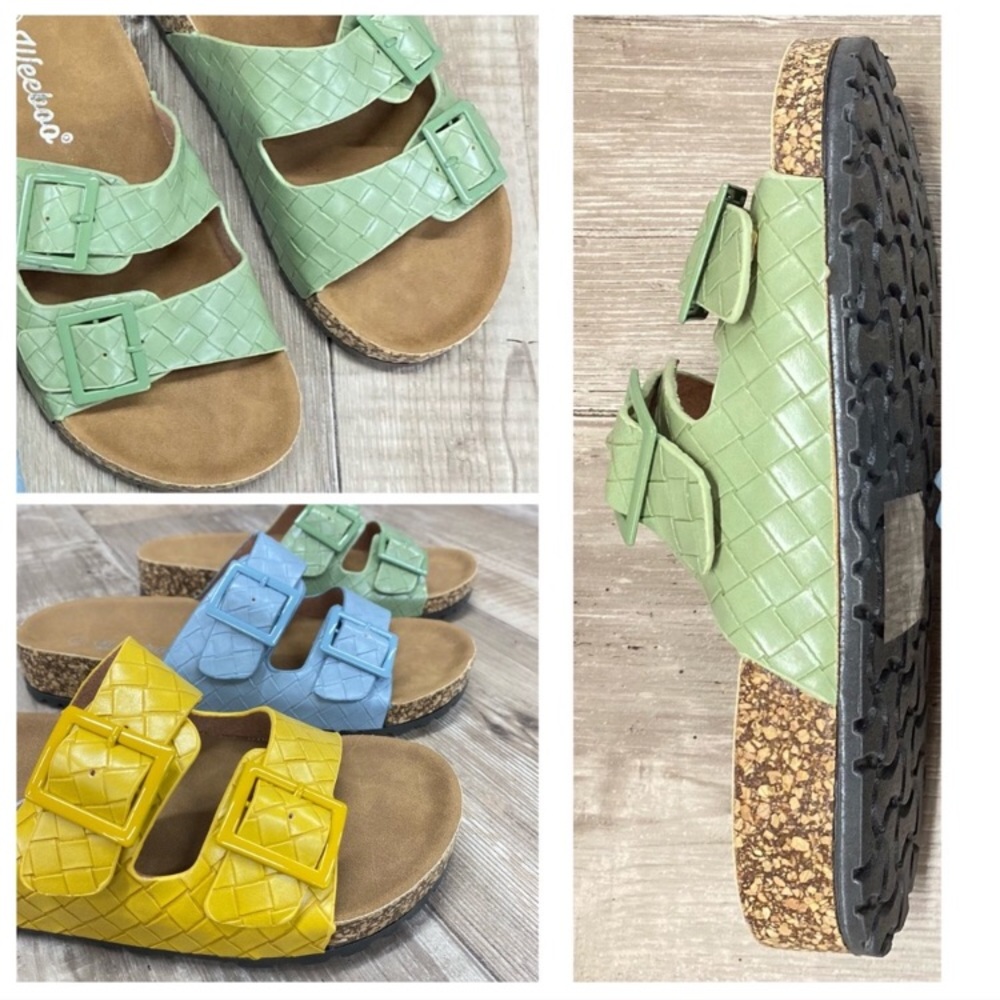 Mint Green Woven Double Strap Slide Sandal